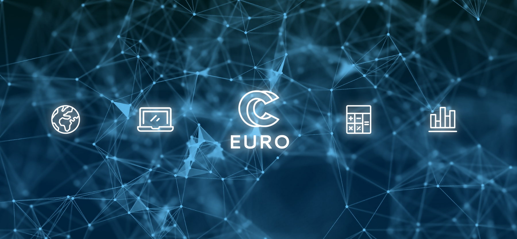 Logo projektu EuroCC, rysunek kalkulatora, wykresu, komputera i kuli ziemskiej na ciemnym tle z jasnymi elementami sieci połączeń wielu punktów.