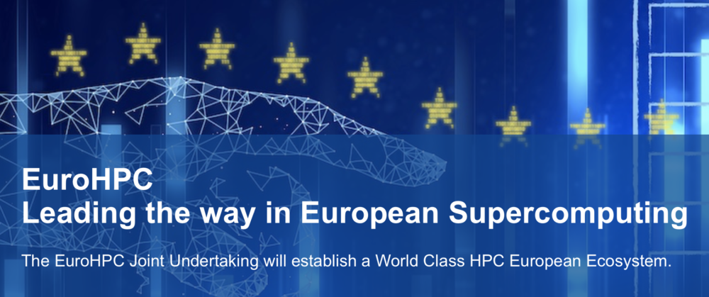 Grafika przedstawiająca palec wskazujący zwrócony w kierunku symbolicznego rysynku superkomputera. W tle złote gwiady nawiązujące do logo Unii Europejskiej. Z przodu napis: EuroHPC. Leading the way in the European Supercomputing. The EuroHPC Joint Undertaking will establish a World Class HPC European Ecosystem.