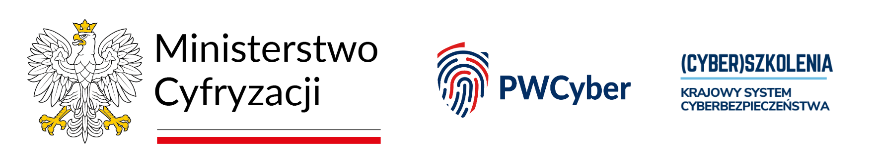 Logo Ministerstwa Cyfryzacji, PWrCyber i Krajowego Systemu Cyberbezpieczeństwa